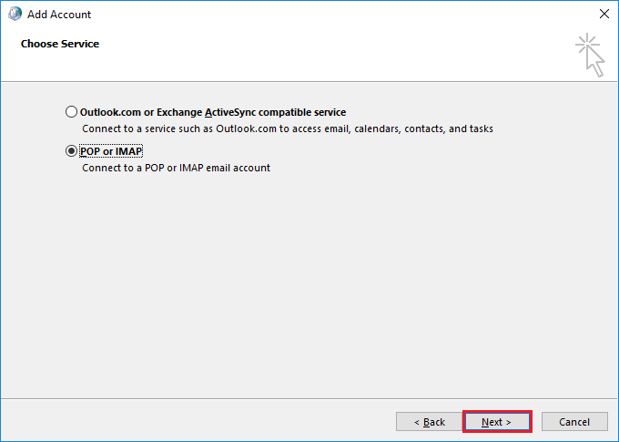 select POP or IMAP to connect to a POP or IMAP account and click Next