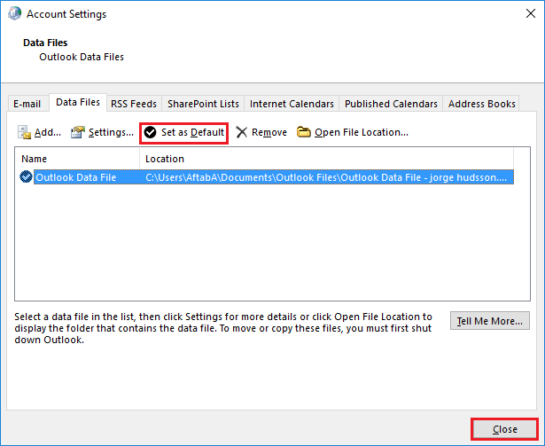 In the Account Settings go to Data Files and click Set As Default