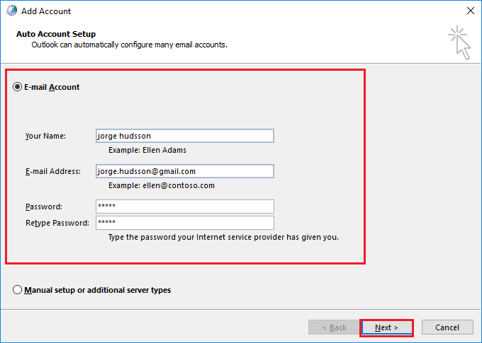 user credentials in Add Account