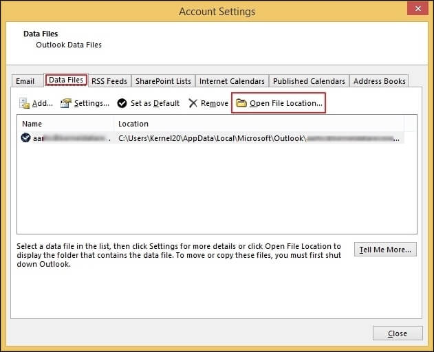 name and location of the default Outlook data file