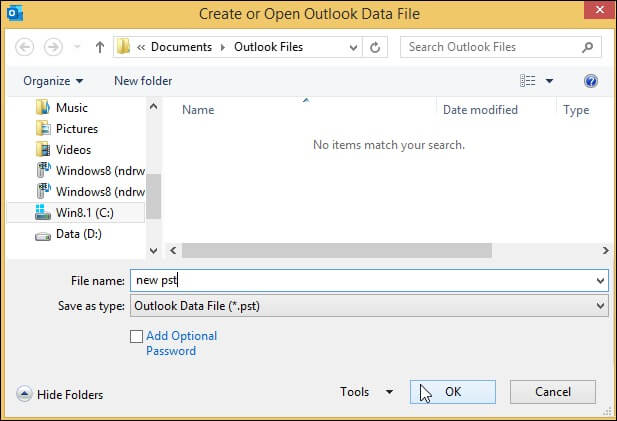 Select the file type as Outlook Data File