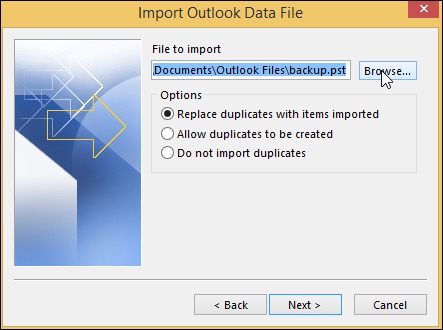 choose the file to import into new PST