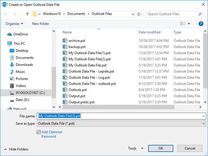 opening a pst folder in outlook
