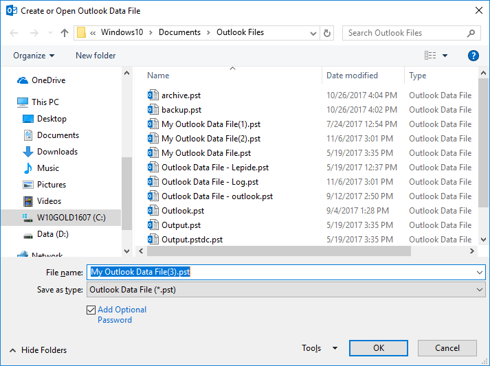 Give a name for the new PST file 