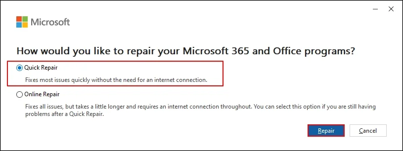 quick repair or online repair 
