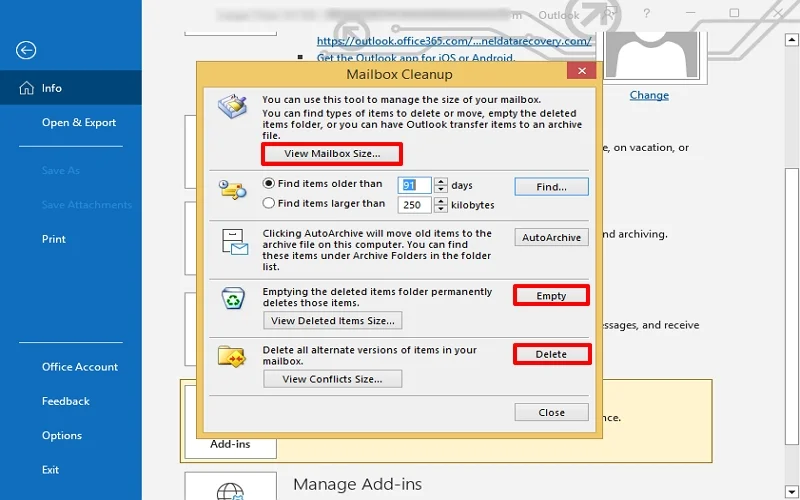 empty the Deleted Items and Junk folders
