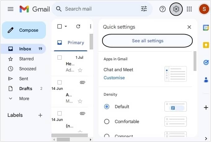 Login to your Gmail account and go to Settings by clicking on Gear button