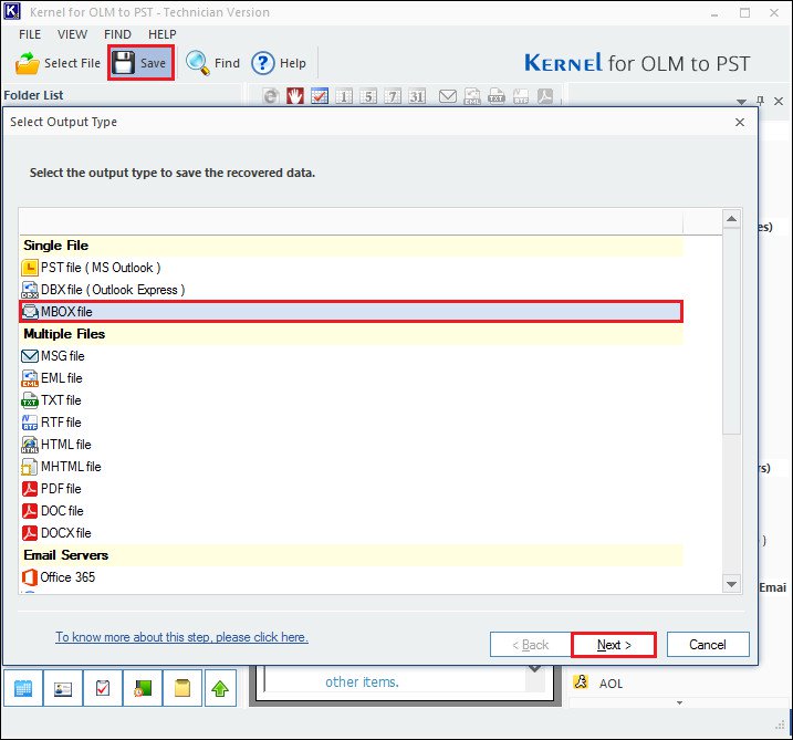 Select MBOX file as saving option