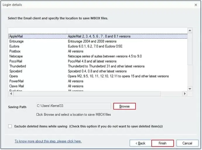 Select target mbox client and saving location then click on finish