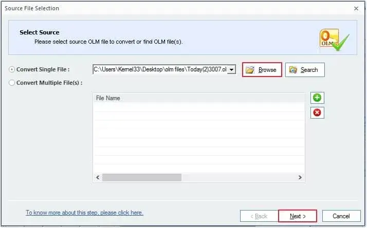 Click browse then upload olm file and click on next