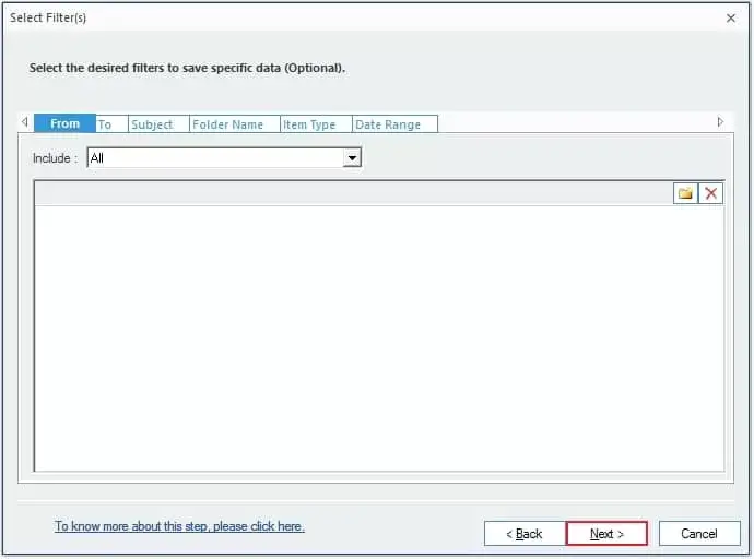 Select filters to convert olm to mbox and click on next