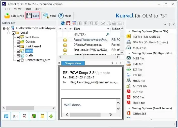 Select the file to convert and click on save