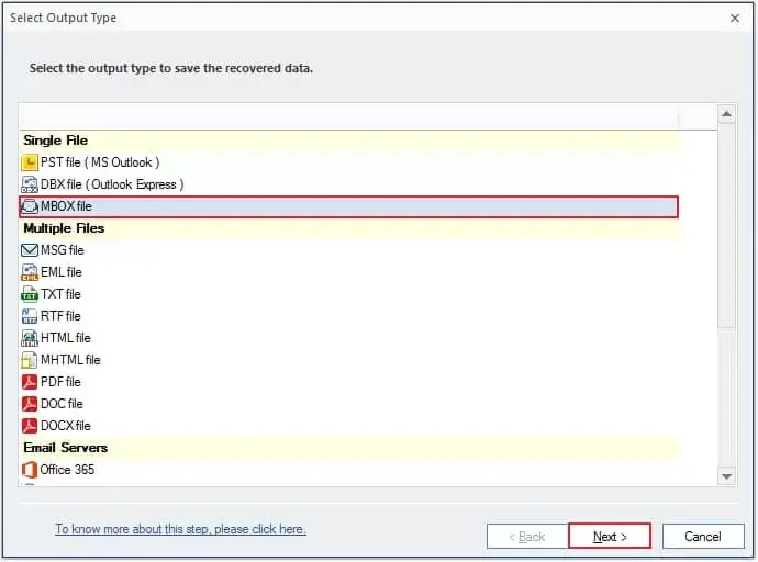 Select mbox file and click on next