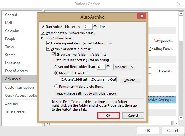 Select the folder to save the archived file