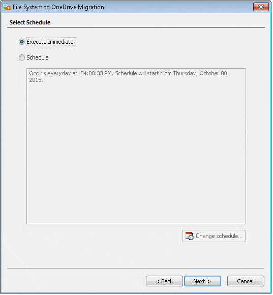 Execute the File Server to OneDrive migration immediately or schedule it