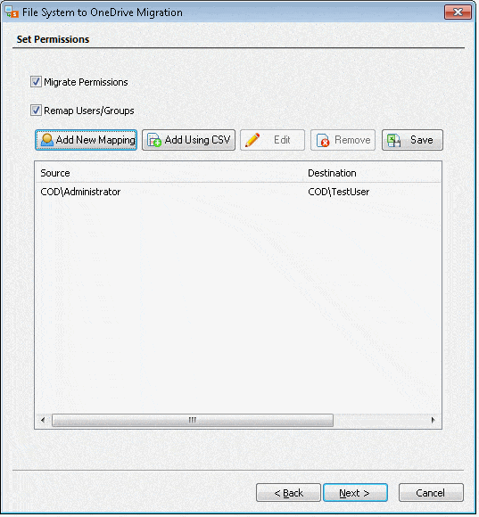 enter the Source User Name and Destination User Name