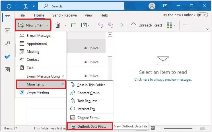 new data file in Outlook