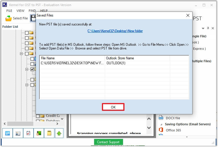the tool will show a message with the PST file name and its location