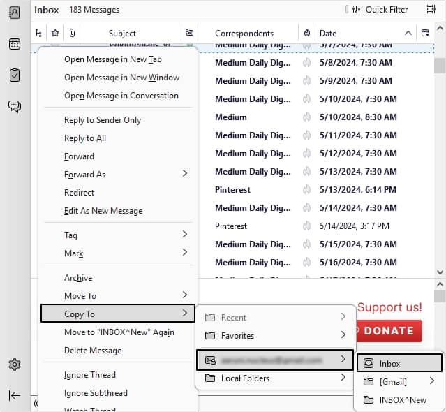 Finally right click on the email item point to Copy To  Gmail id