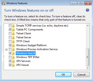 deselect Windows Search option from the list and click OK