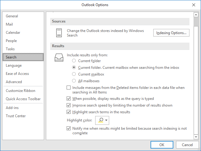 outlook 2016 indexing is not running