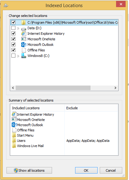 go to Search Section then Indexing options then Modify
