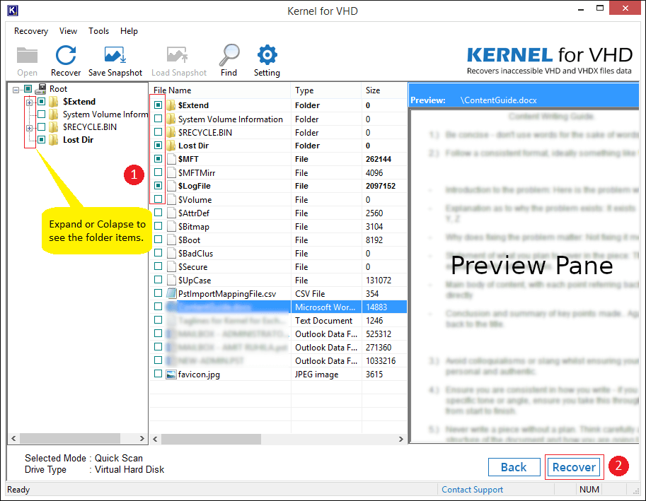 Select files to recover