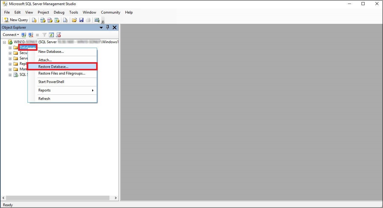 connect to the database server using MS SQL Server Management Studio