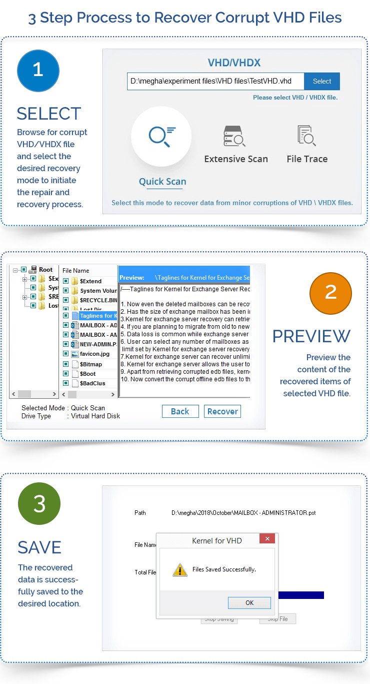 3 step process to recover corrupt VHD files, Preview & Save