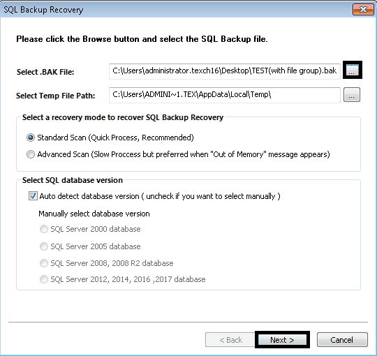 add SQL backup (BAK) file