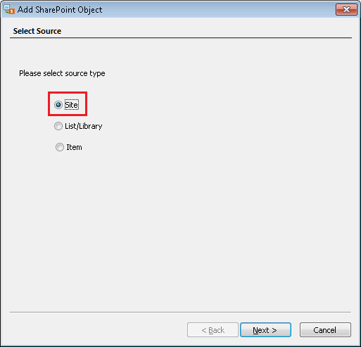 Select Site option