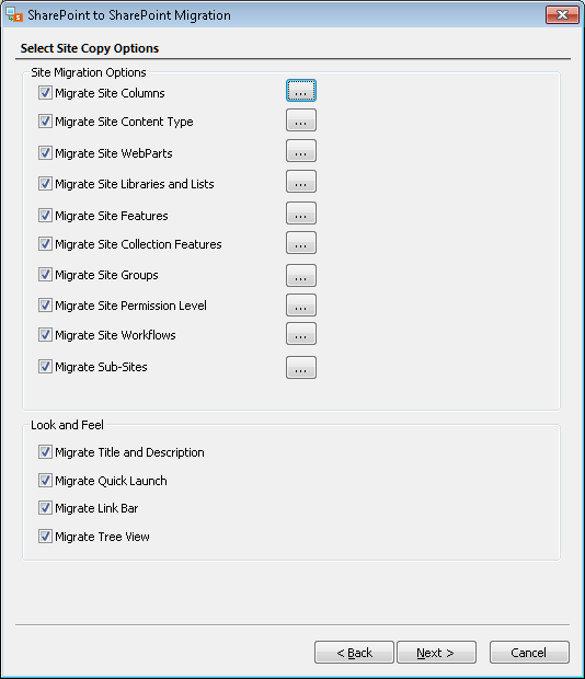 copy options to migrate to a site
