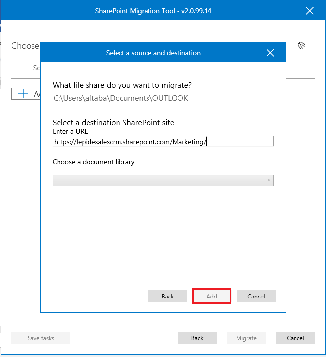 Input the destination SharePoint URL