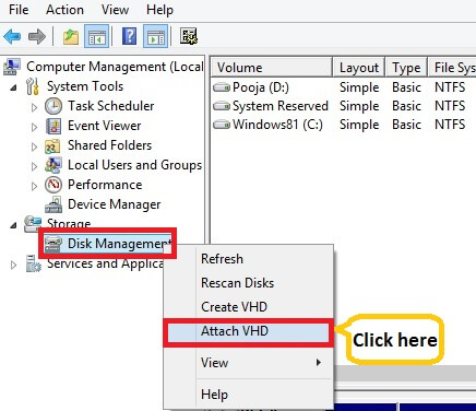  right-click on This PC >> Manage >>Disk Management and click Attach VHD” class=”aligncenter size-full wp-image-4390 with-shadow” width=”436″ height=”376″></p>
<p>OR, click Windows key and type diskmgmt.msc in the search box to open Disk Management. Expand Action menu and click Attach VHD.</p>
<p><img decoding=