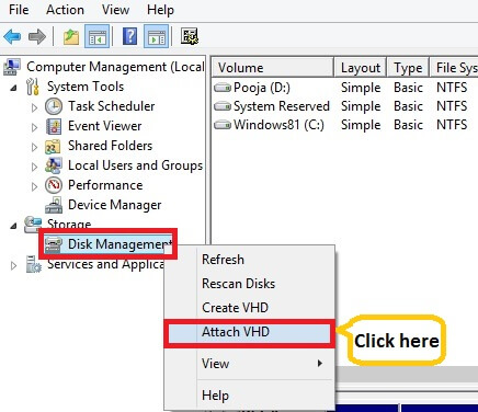  right-click on This PC ></img>> Manage >>Disk Management and click Attach VHD” class=”aligncenter size-full wp-image-4390 with-shadow” width=”436″ height=”376″></p>
<p>OR, click Windows key and type diskmgmt.msc in the search box to open Disk Management. Expand Action menu and click Attach VHD.</p>
<p><img decoding=