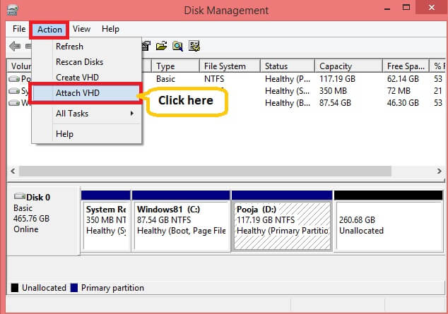  open Disk Management and Expand Action menu and click Attach VHD