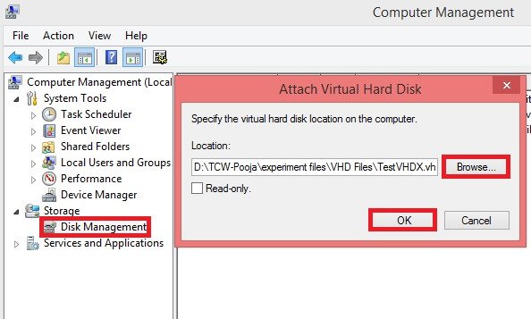 Click Attach VHD and click Browse to load the VHD or VHDX file