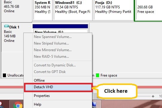 right-click on the newly added volume and click Detach VHD
