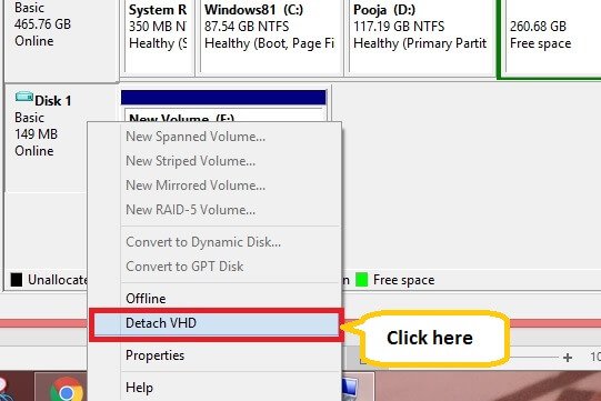 right-click on the newly added volume and click Detach VHD