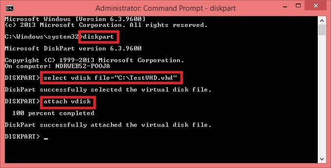 To mount the VHD/VHDX file, type attach vdisk and hit Enter