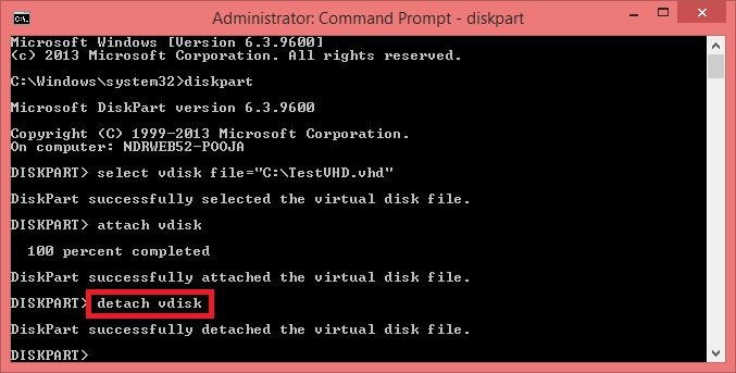 To unmount a VHD/VHDX file, type detach vdisk and hit Enter