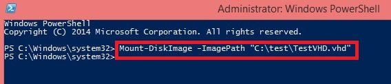 Mount-DiskImage -ImagePath location of VHD file