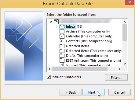 Choose the email account you wish to export