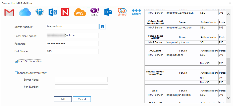 Add the server name and other details to connect AOL