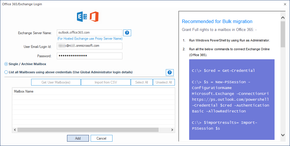 Enter the credentials of the Office 365 account