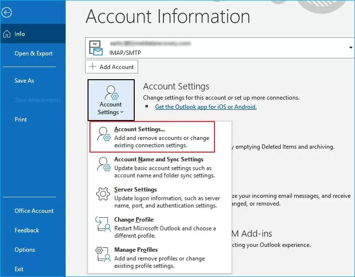 Outlook Account information