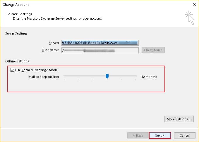 Choose outlook server account setting