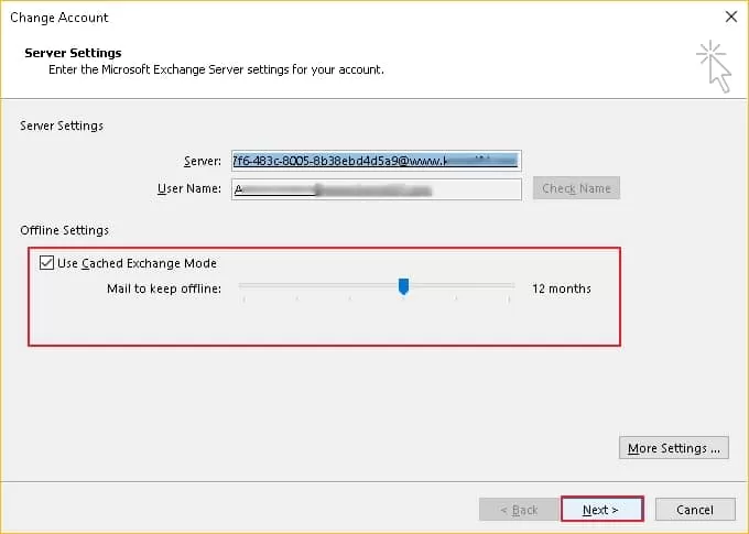 Choose outlook server account setting