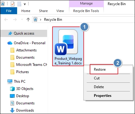 Left click on your Word file and click on Restore