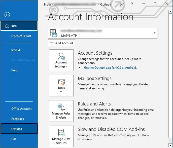 Outlook account info